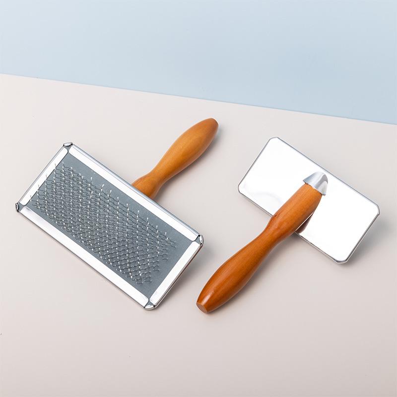 Pet Pin Brush with Wooden Handle - Stainless Steel Dog & Cat Comb for Detangling and Removing Loose Hair