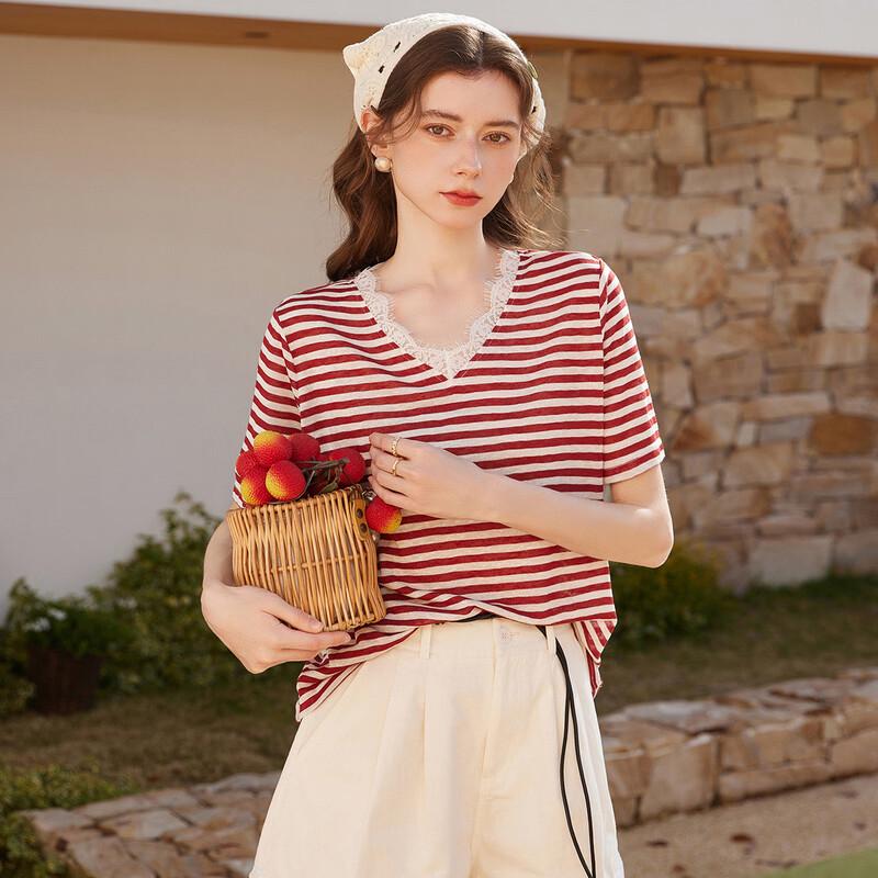Bailuyu Women s Contrast Stripe Lace V-Neck T-Shirt M