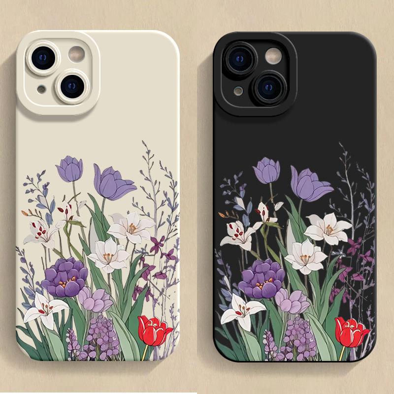 Purple Floral Pattern Phone Case For iPhone 16 16E 15 14 13 12 11 Pro Max XR X XS 12 Mini 16E 7 8 Plus Silicone Cover