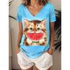 Summer Women's T Shirt Graphic Animal Cat Cute Stylish Casual Short Sleeve V Neck Regular Tops Daily  Printed Y2K Tees
