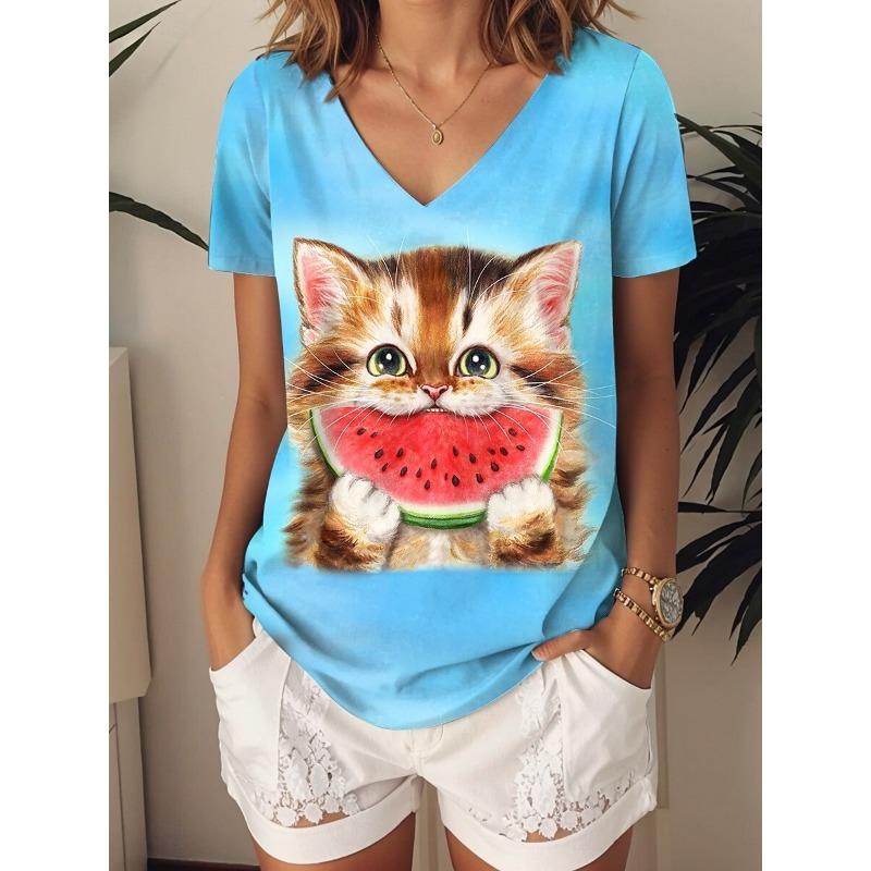 Summer Women's T Shirt Graphic Animal Cat Cute Stylish Casual Short Sleeve V Neck Regular Tops Daily Printed Y2K Tees