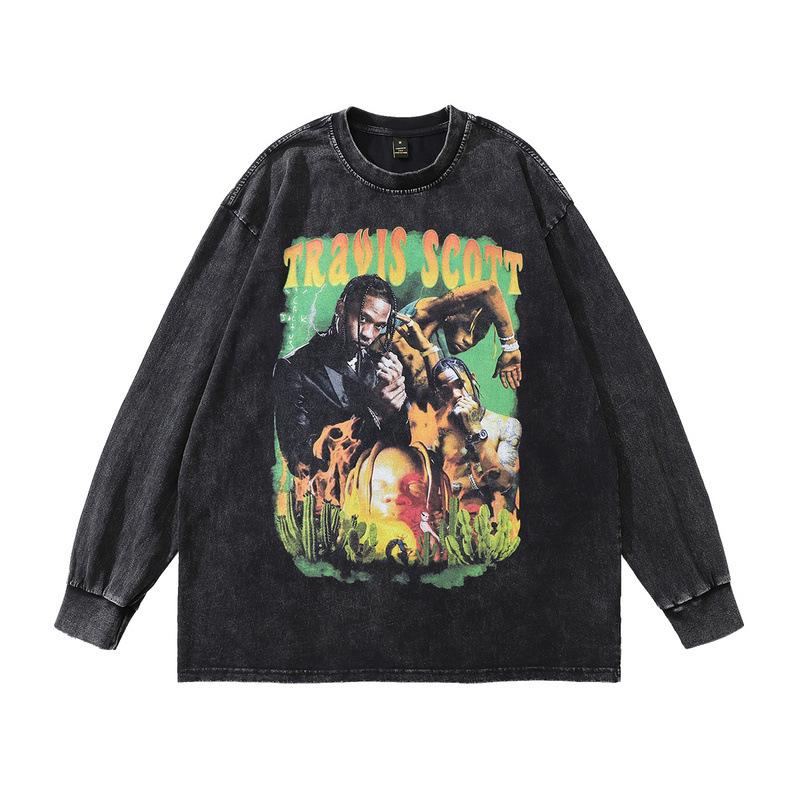 Hip Hop Rap Portrait Print Long Sleeve T-Shirt Autumn Retro Fried Color Men'S Crew Neck Sweater