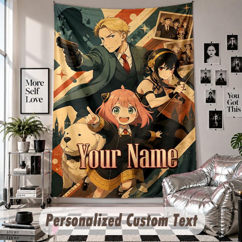 Wall Hanging Tapestry With Custom Name & Text, Spy × Family Decorative Tapestry For Bedroom