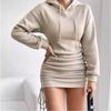 Women's Hooded Long Sleeve Mini Dress Slim High Waist Drawstring Ruched Casual Sweatshirt Dress