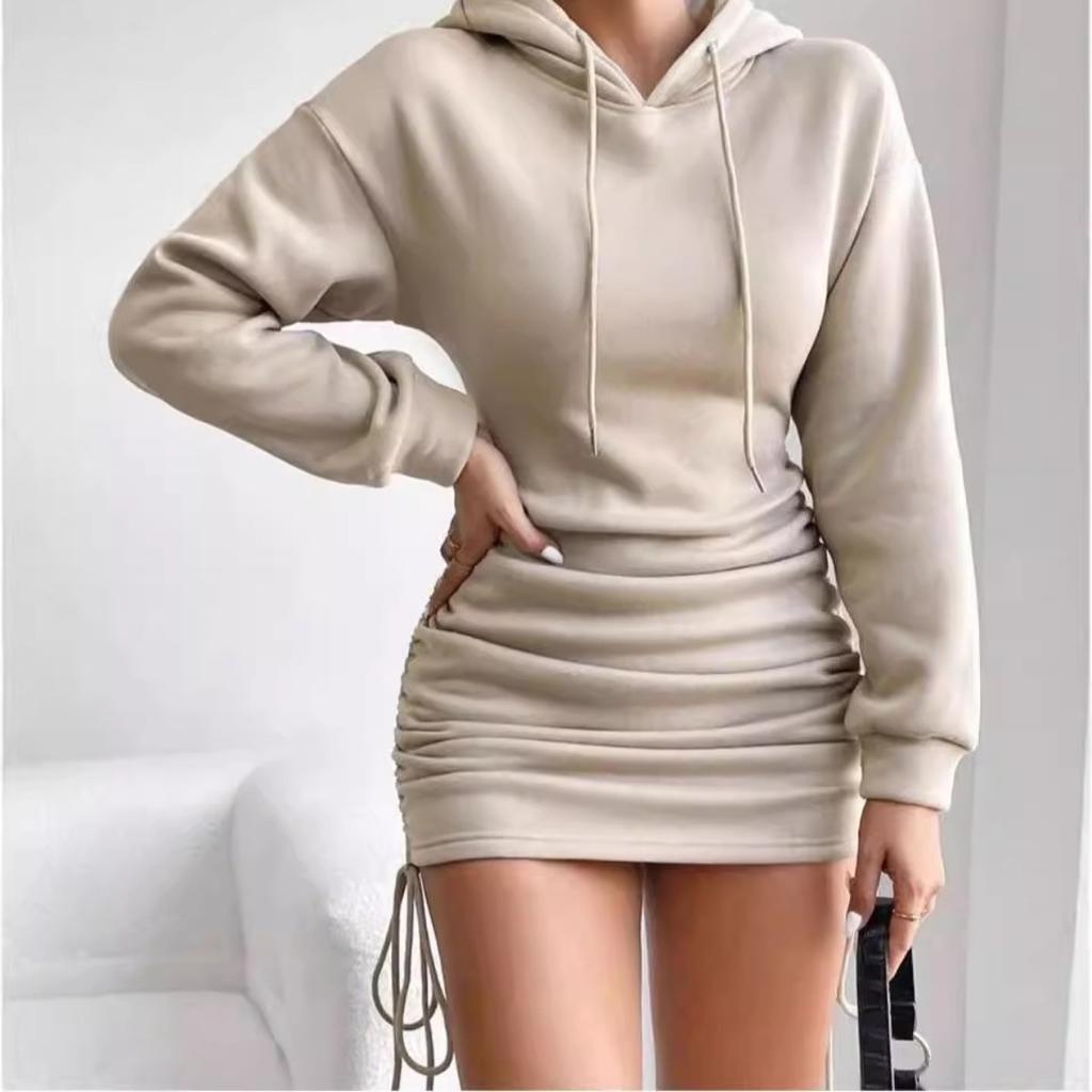 Women's Hooded Long Sleeve Mini Dress Slim High Waist Drawstring Ruched Casual Sweatshirt Dress