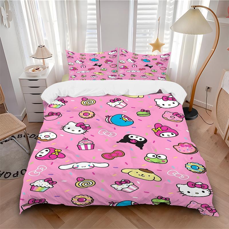 3pcs Hello Kitty and Friends Quilt Cover Set - Soft & Comfortable Polyester Fabric, All-Season Breathable Comforter Set For 1 Quilt Cover & 2 Pil