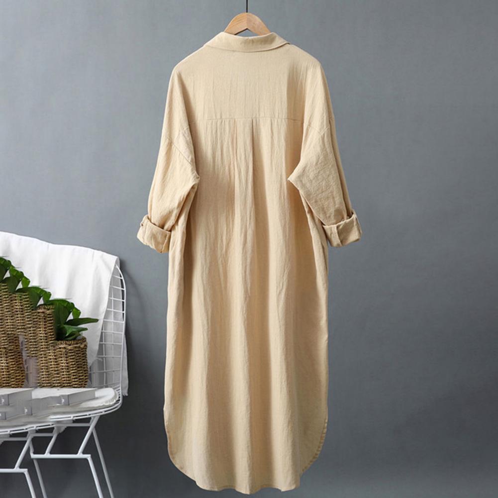 Women Shirt Lapel Three-quarter Sleeves Mid-length Shirt Tops Single Breasted Solid Color Loose Fit Casual Shirt
