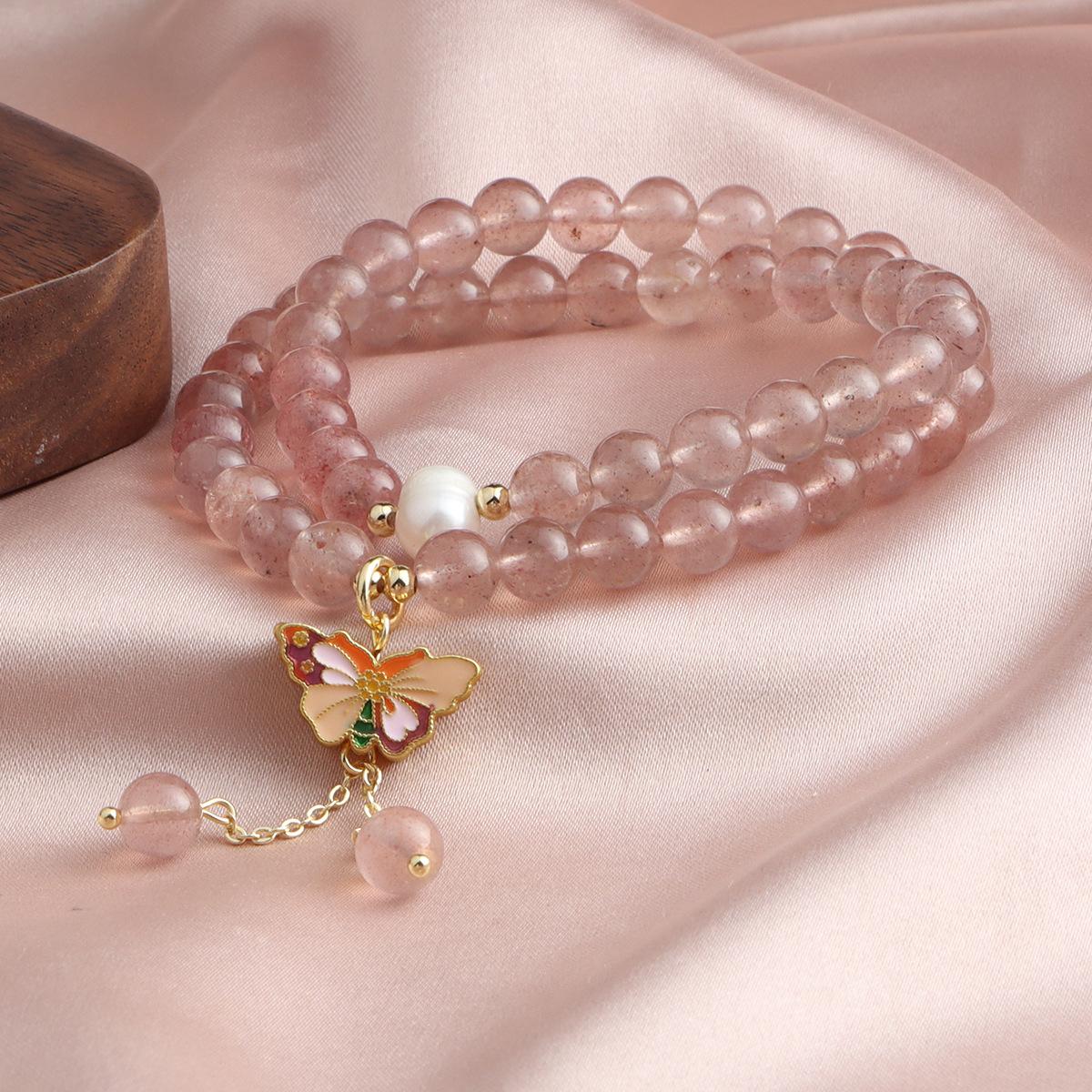 Bracelet Natural strawberry crystal double circle freshwater pearl crystal bracelet Butterfly gourd fringed bracelet Versatile