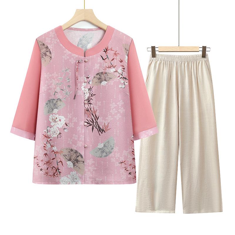 

2026 Chinese-Style Two-Piece Set for Grandma: Lightweight Summer Outfit with Seven-Sleeve Top for Moms 5XL [150-160 lbs]