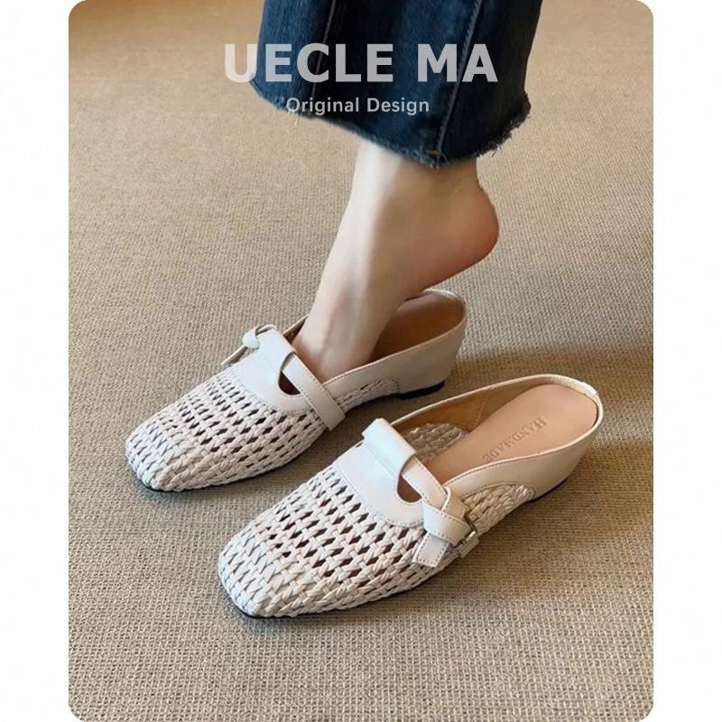 Sheepskin~ Baotou half slippers women's summer outer wear inner height-increasing hole shoes one pedal woven breathable cool single shoes