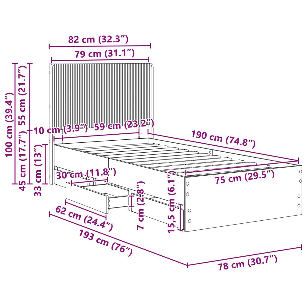 Bed Frame with Storage and Headboard Black 75 X 190 Cm