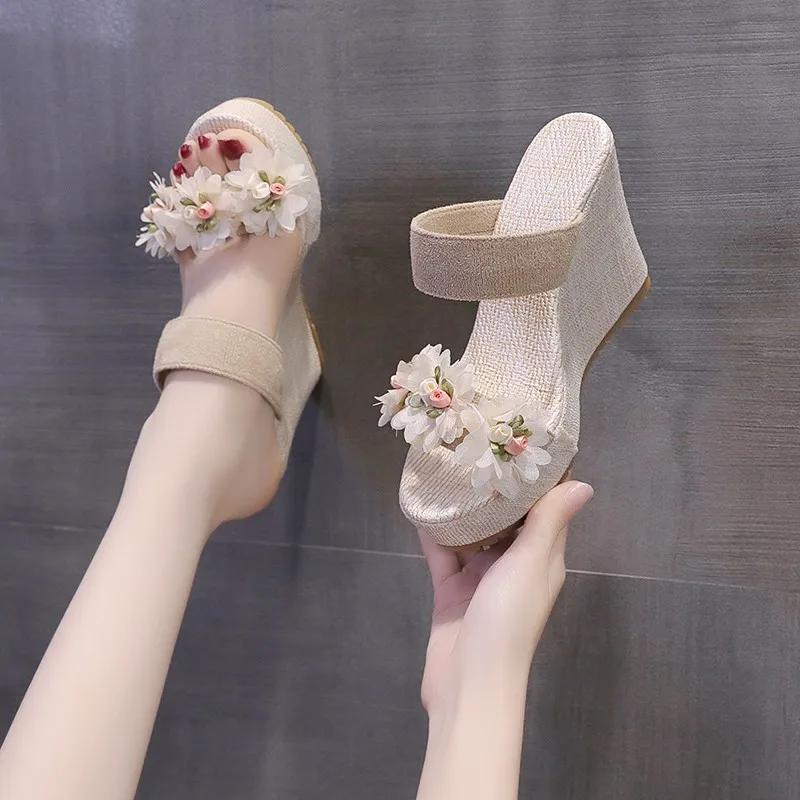 Mode 2024 Heißverkauf Sommer Damen Schuhe Mode Offene Zehen Übergröße Stoffblume Verziert Damen Super High Heel Pantoletten