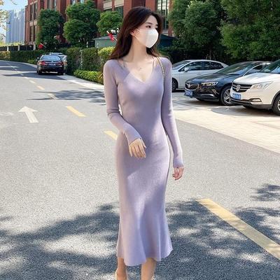 Robe Tricotée Col V Tempérament Automne/Hiver Vêtements pour Femmes Style Doux Coupe Slim Moulante Robe Pull