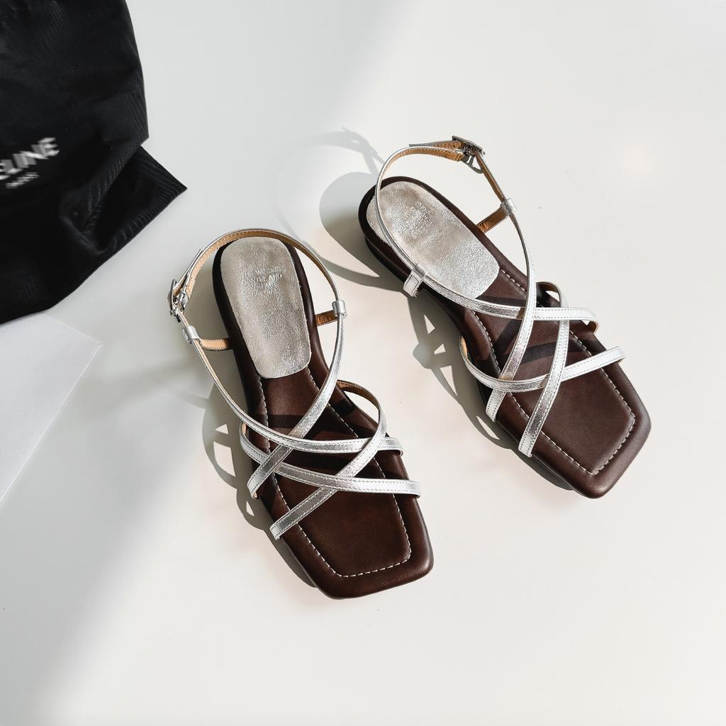 Cowhide version~ French shit-stepping cross strap square head open-toed sandals women's flat heel versatile new Roman shoes