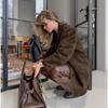 Damen Vintage Verdickt Mittellang Umlegekragen Wildleder Pendler Wintermantel Jacke