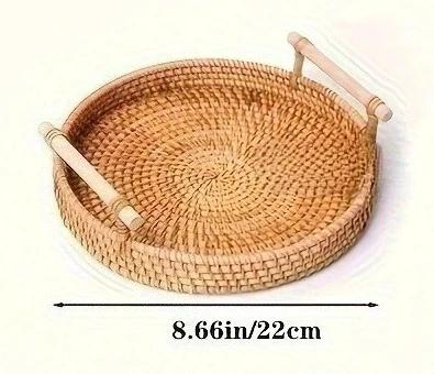 

1pc Artisanal Woven Rattan Serving Tray - Dual Handles, Multipurpose Tea and Snack Presentation Platter, Ideal Bread Basket With