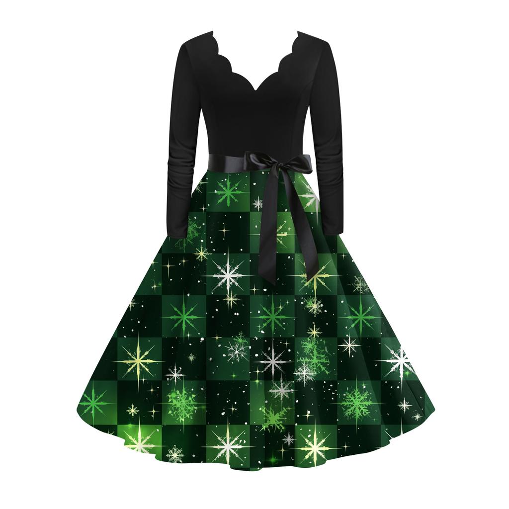 Women's Casual Fashion V-neck Long Sleeved Retro Christmas Print Retro Dress