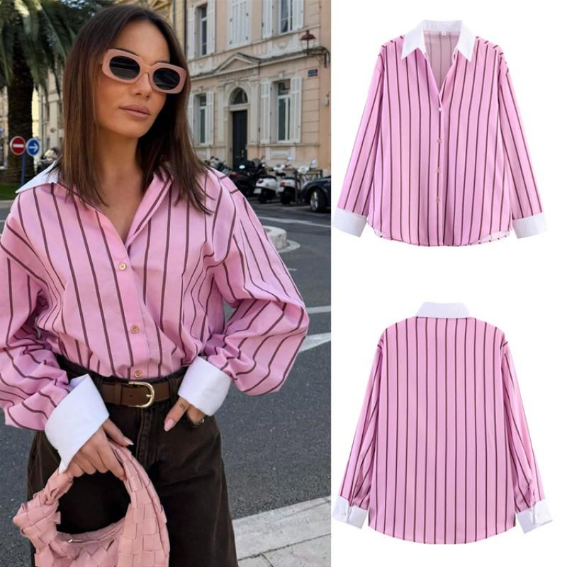 Womens Striped Collar Shirt Loose Long Sleeve Casual Top Streetwear Style Fall