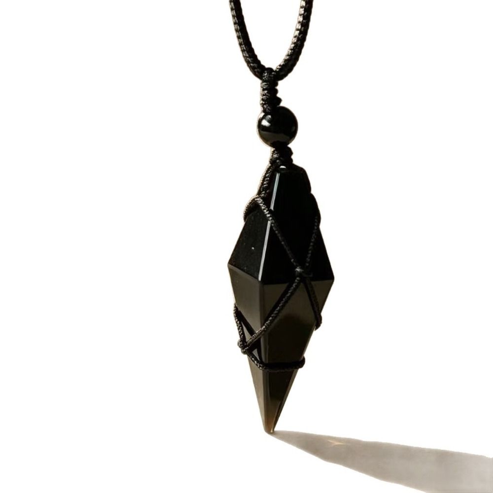 Creative Bohemian Black Stone Necklace Adjustable Rope Handmade Stone Pendant Vintage Geometric Stone Necklace Father's Day Gift