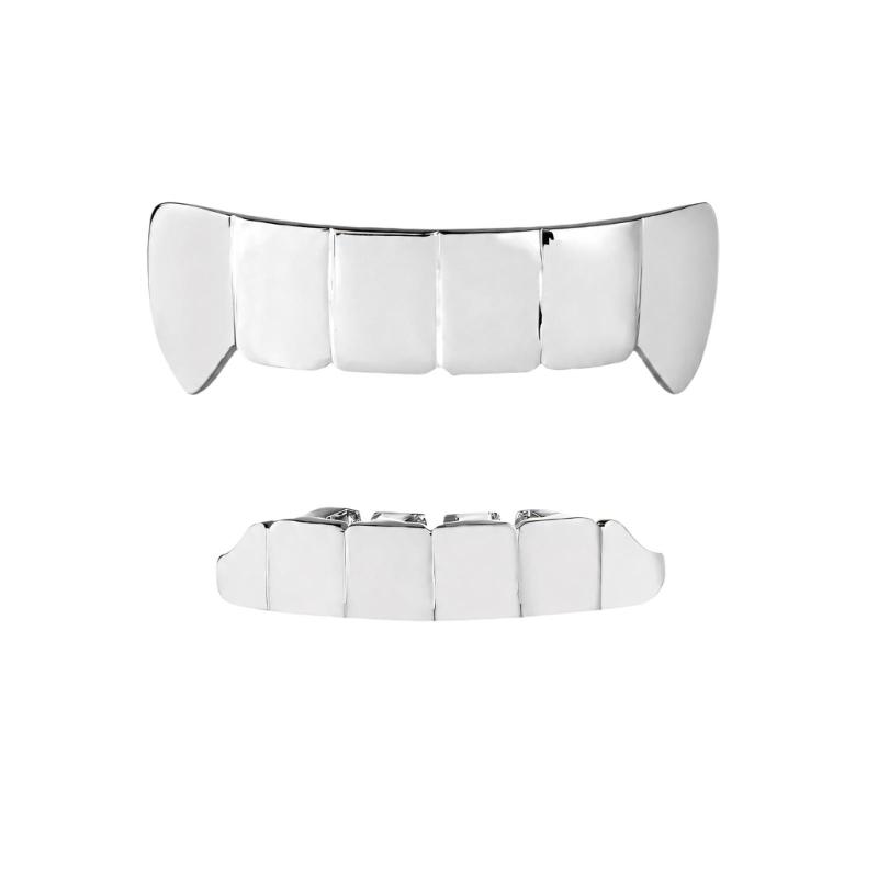 Connected Upper and Lower Tooth Grill Set, Mirror Finish Plated Metal Mouth Jewelry for Party and Stage Styling