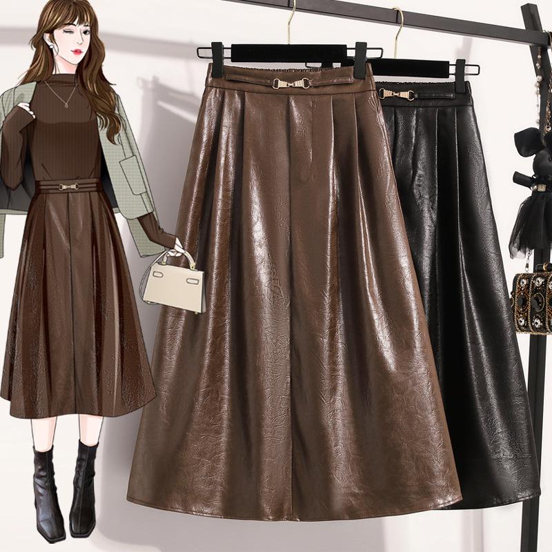 

Autumn Plus Size High Waist PU Leather Skirt - Slimming A-Line Midi Skirt 4XL чорний