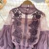 Women Party Shirt Flower Applique See-through Mesh Lantern Sleeve Thin Lace Shirring Elastic Cuff Round