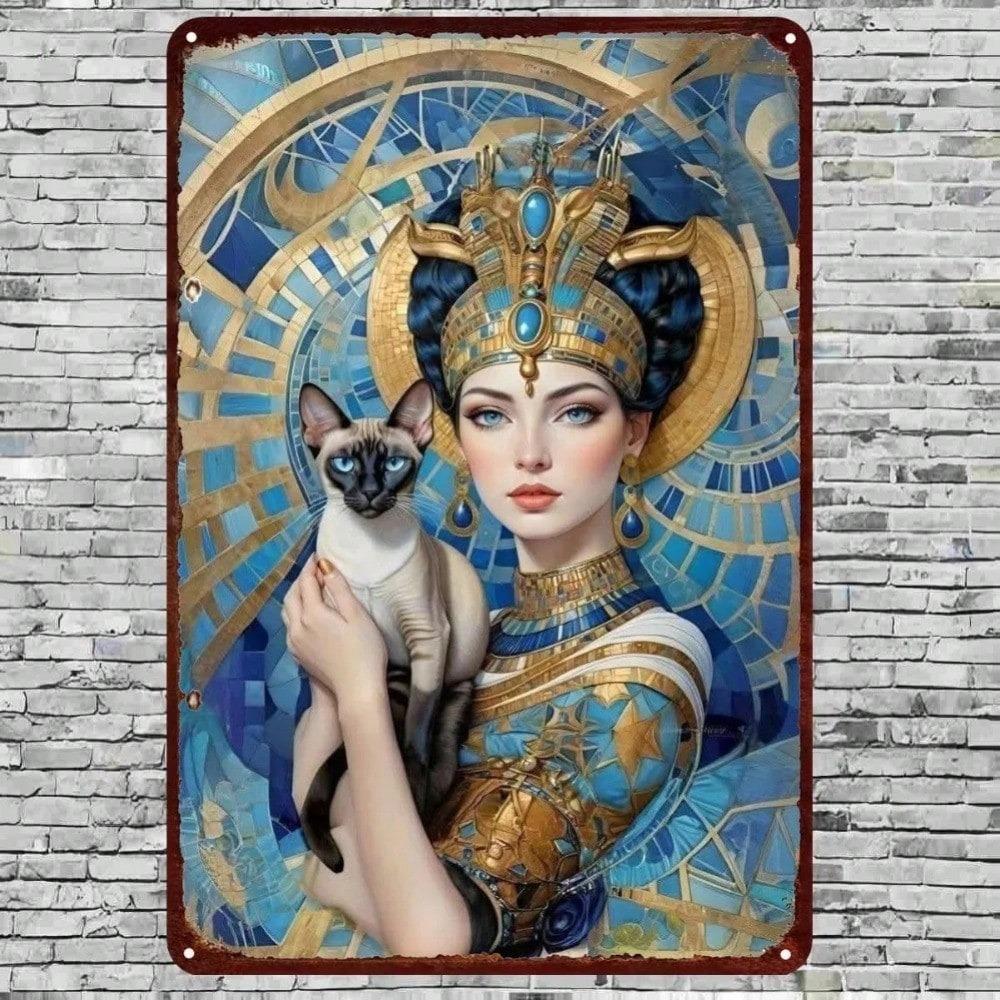 Ancient Egyptian Cat Goddess Wall Art 8x12 Inch Metal Sign with Mourning Cat Design for Bedroom Living Room Decor