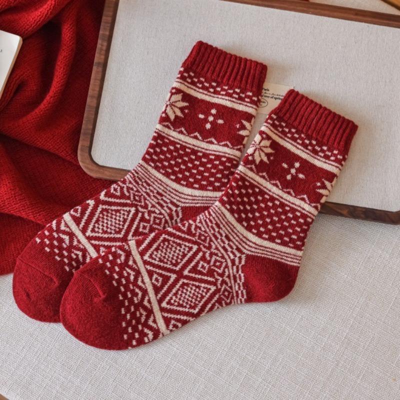Noworoczne Czerwone Skarpety, Skarpety Fair Isle, Jesienno-Zimowe Zagęszczone Wełniane Skarpety do Połowy Łydki, Retro w Kształcie Diamentów