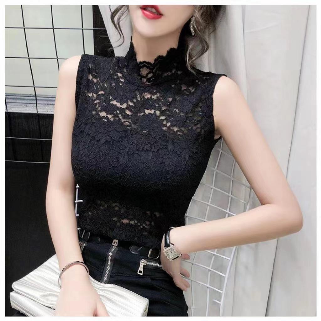 Podzimní/Zimní Krajkový Síťovaný Rolák Slim-Fit Dámský Top s Dlouhým Rukávem