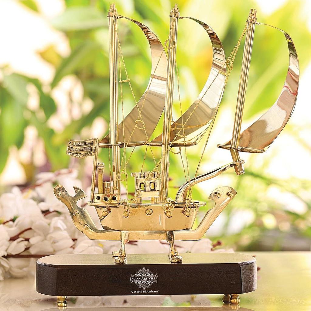 Brass Ship Showpiece with Wooden Base, Handmade Decorative Sailing Boat for Home Decor, Office Table, Gift Item, Art Figurine