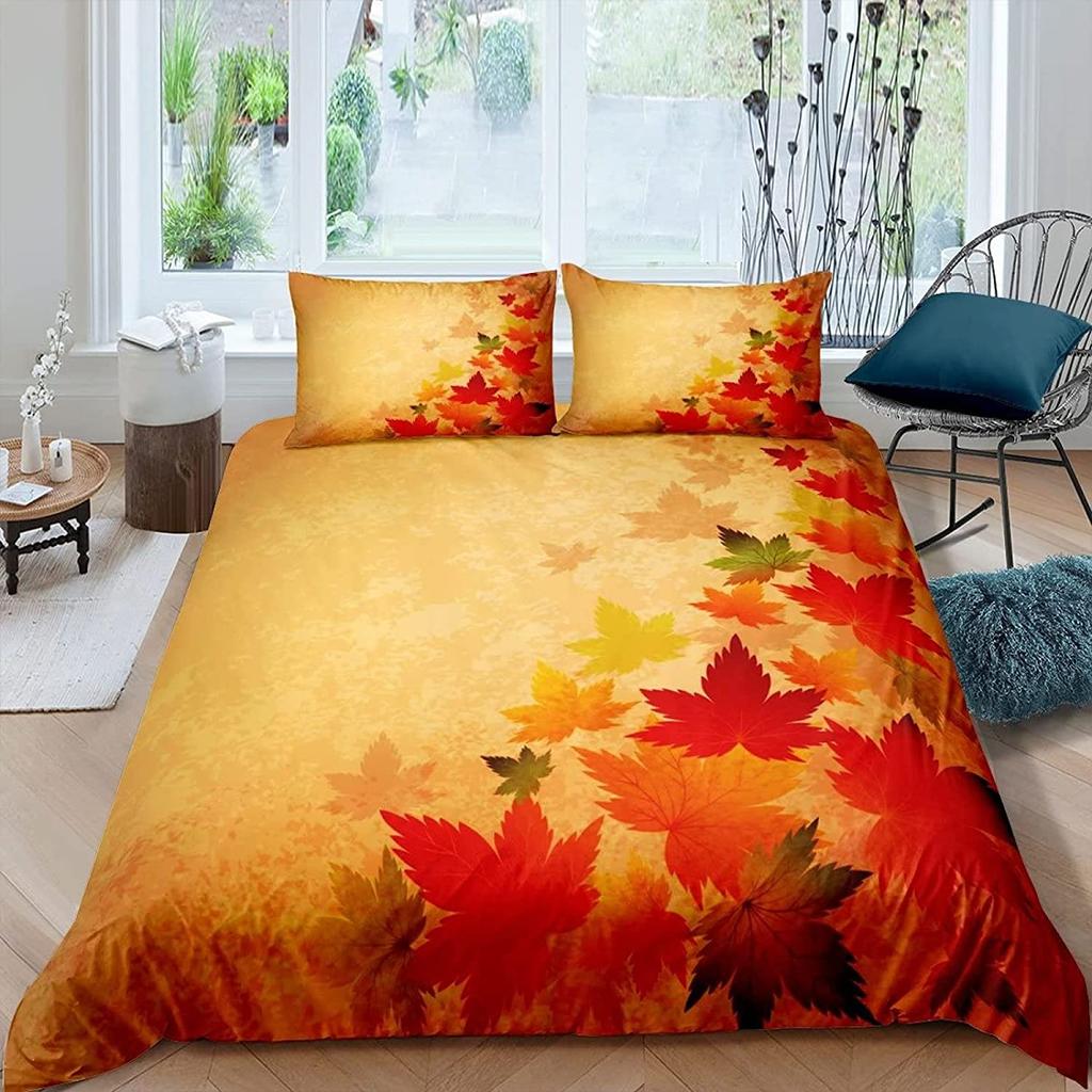 Maple Leaves Polyester Duvet Cover Set Fall Theme Comforter Cover With Pillowcase King Queen Size For Kids Boys Girl Bedding Set