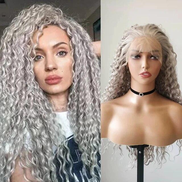 Graue lange verworrene Locken-Synthetik-Perücke, tiefe Locken, gewellt, Wärmefaser, natürlicher Haaransatz, Lace-Front-Perücken, tägliches Make-up, Haare verwenden