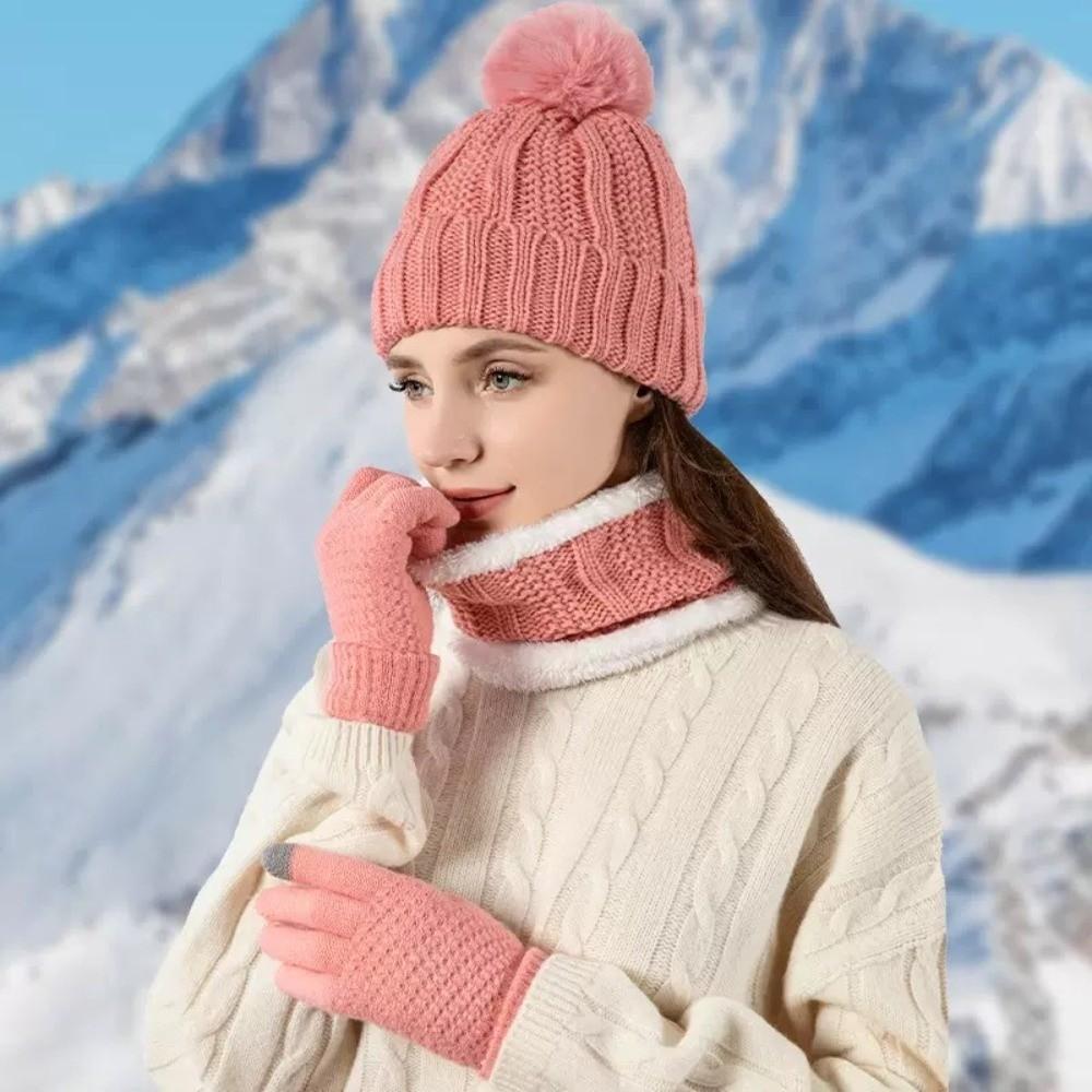 3pcs Cute Pompom Hat Scarf Gloves Set Solid Color Beanie Hat Comfortable Knitted Hat Kids