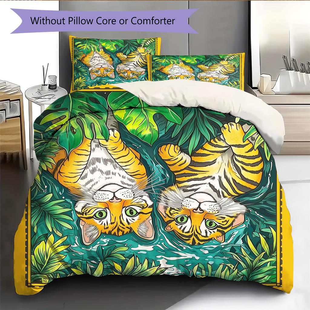 Two Tigers Pattern Bedding Quilt Set Home Decoration Gift (1 * duvet cover + 2 * pillowcase, without core)