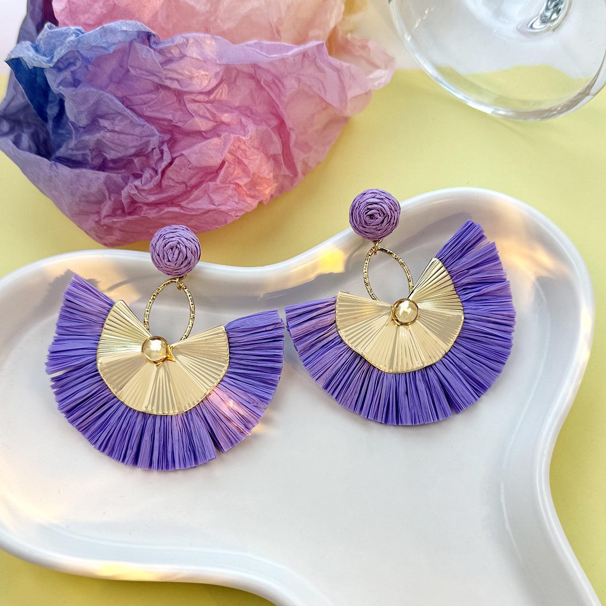 Bohemian Fan-shaped Tassel Raffia Earrings for Women