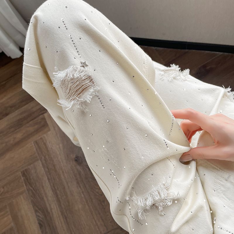 White Breathable Wide-leg Jeans for Women Ripped Pants for Summer High Waisted Diamond Floor Pants