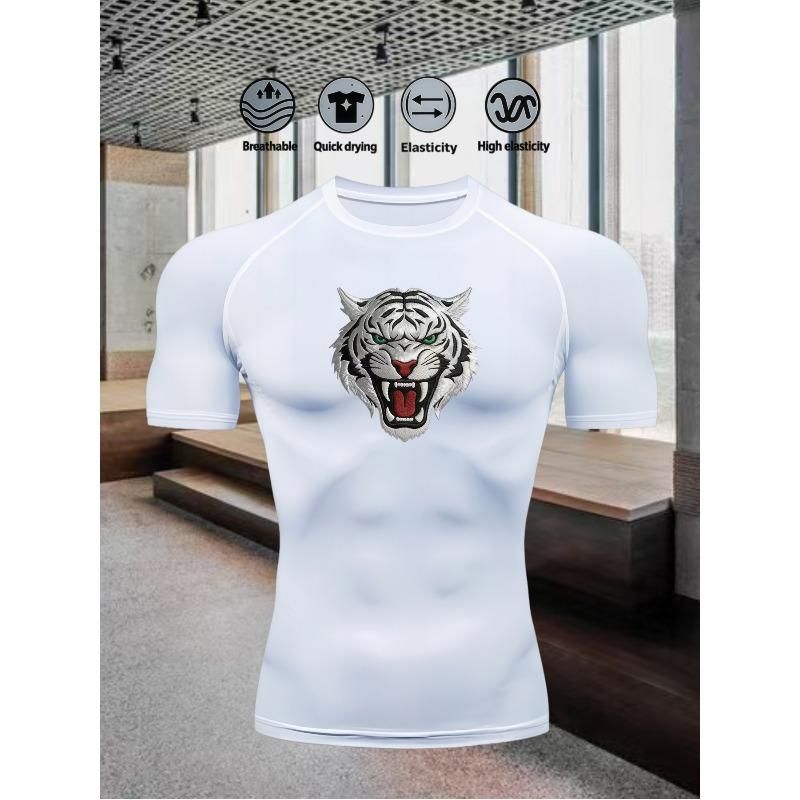 Herren Kompressionsshirt Schnelltrocknend Weiß Fitnessstudio T-Shirt Brüllender Weißer Tigerkopf Aufdruck Workout Sportbekleidung