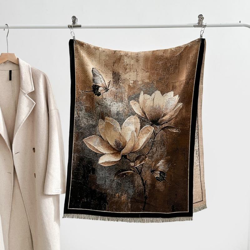 Autumn and winter new double-sided color oil painting series imitation cashmere thickened warm scarf women's air conditioner shawl
