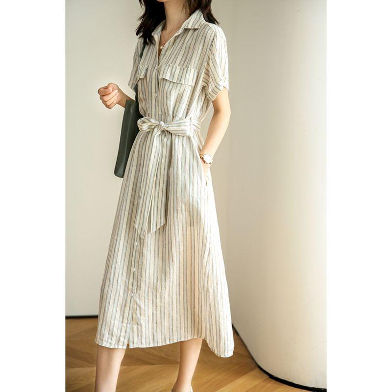 Luxury Summer Linen Dress with Stripes Thin and Comfortable High Quality Womens Fashion