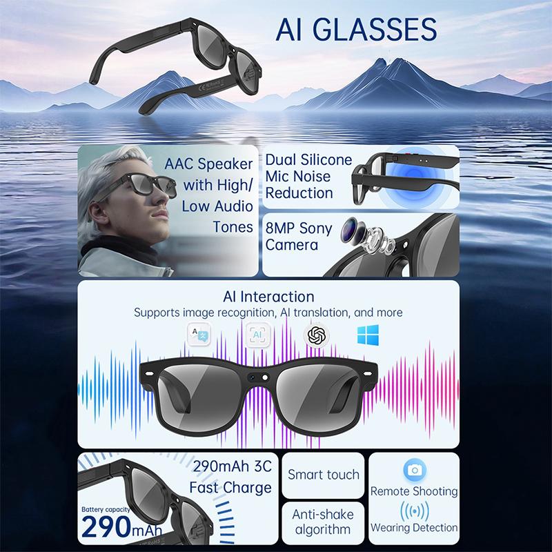 New Multifunctional Glasses with 800W HD Camera Wireless Bluetooth Touch Call Sports Music Real Time Translation AI Smart Glasses  USB Charging Unisex