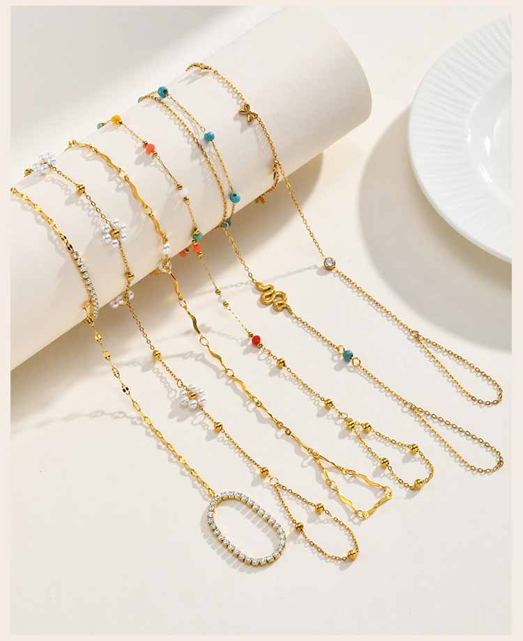 Bohemian Bead Slave Bracelet, 18K Gold Plated Stainless Steel, Waterproof Hand Chain Finger Ring Bracelet Jewelry for Women