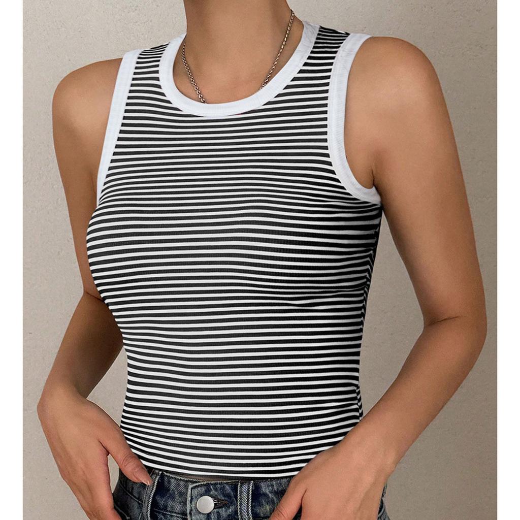 Women's Loose Casual Knitted Striped Contrasting Top, Vest, And Base Shirt
