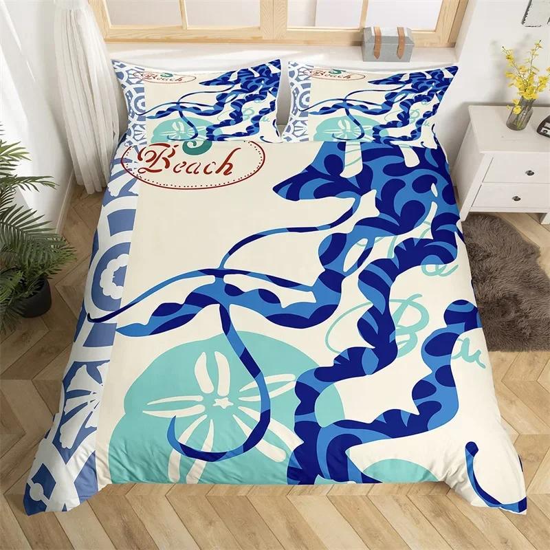 Ozean Thema King Bettbezug Set Nautischer Seestern Bettwäsche Set Mikrofaser Meeresleben Steppdeckenbezug Einzelbett Twin Für Jungen Mädchen