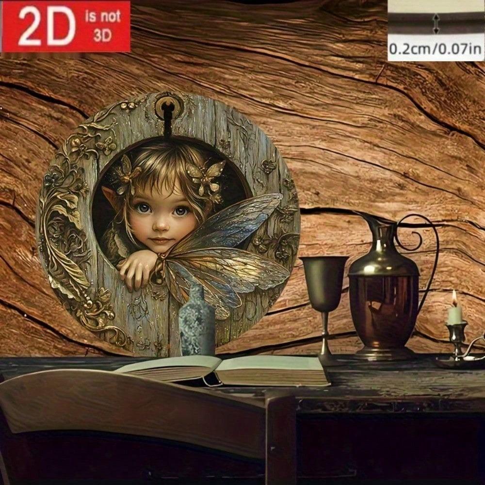 Enchanted Forest Fairy Door Round Wood Wall Art, 2D Printed Hanging Decor, Bohemian Butterfly Floral Accent