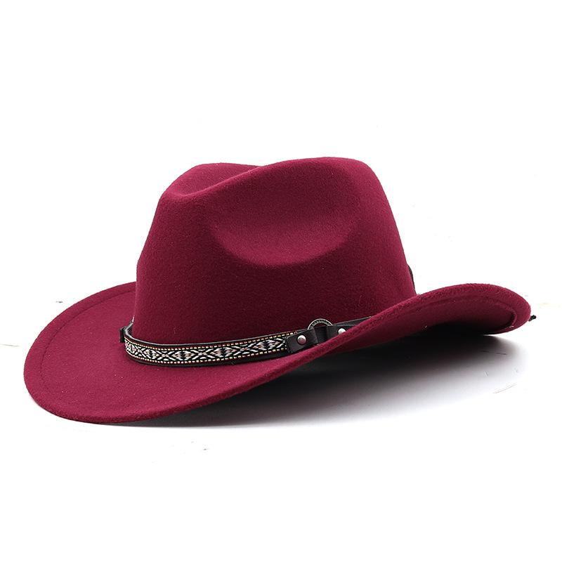 European and American fashion woolen top hat women's webbing hemmed cowboy jazz hat autumn and winter English felt hat men's cowboy hat felt hat