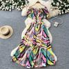 New Women's Summer Sleeveless Print Dress Pearl One-Neck High Waist A-Dress Commuter High Street Style