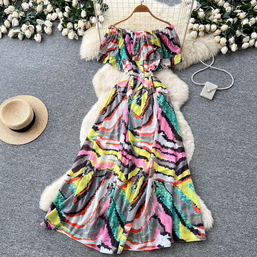 New Women's Summer Sleeveless Print Dress Pearl One-Neck High Waist A-Dress Commuter High Street Style