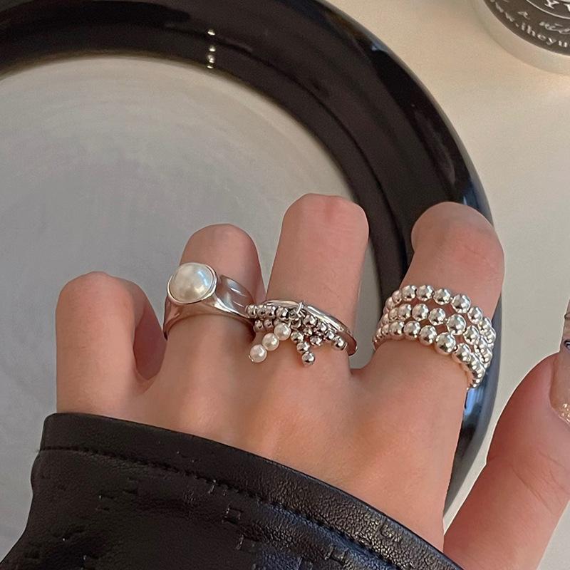 925 Sterling Silver Geometric Pearl Rings For Women Men Simple Korean Fashion Open Adjustable Handmade Ring Couple Gifts