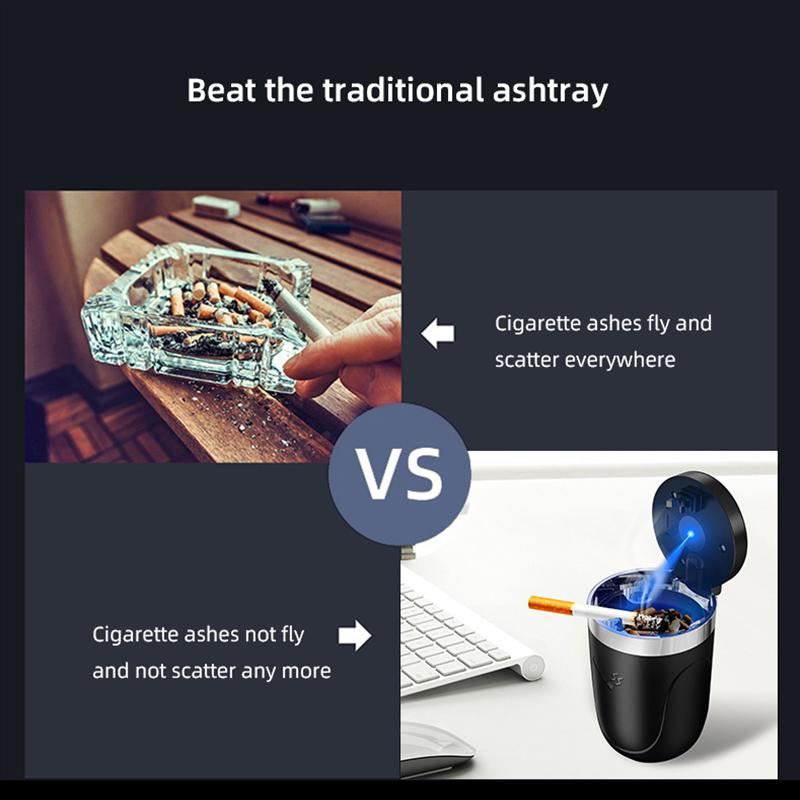 Car Ashtray with Lid Smell Proof Stainless Steel Blue Led Portable Ashtray Cup for Auto Fireproof Shell One Touch Open