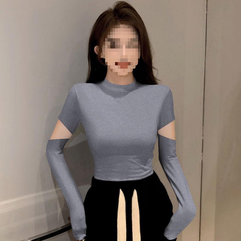 Women's Black Ribbed Slimming Semi-High Neck Knitted Top - Long Sleeve Autumn/Winter Fashion